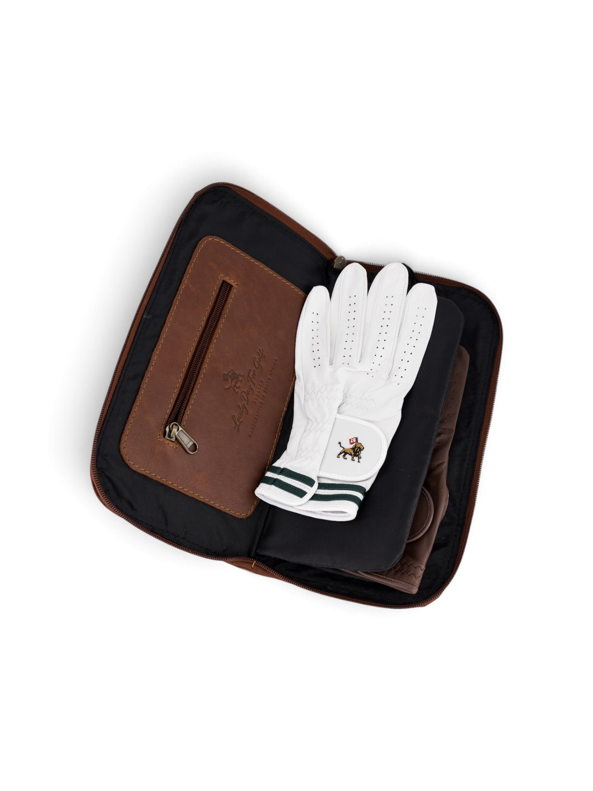 Glove Caddie Tan, open with a golf glove inside