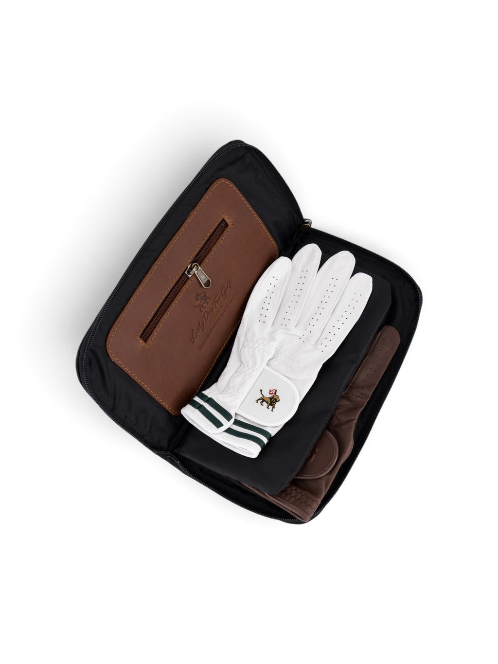 Glove Caddie Tan, open with a golf glove inside, view 2